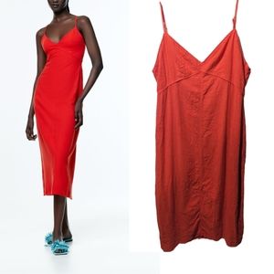 Zara | Red Linen Blend Camisole Midi Dress
